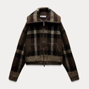 Zara Checkered Teddy Jacket in Brown and Black
